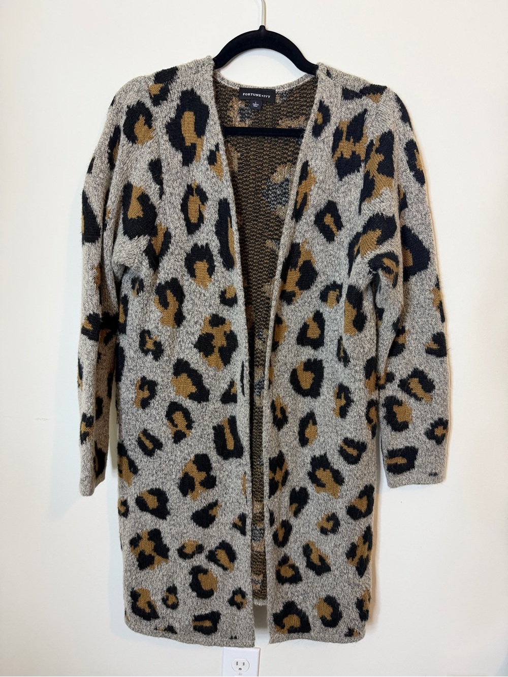 Fortune + Ivy Leopard Print Open Front Cardigan Sweater